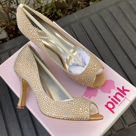 Pink Paradox London - Celebrate - Champagne Satin & Rhinestone Peep Toe Heels 8 - Picture 3 of 17